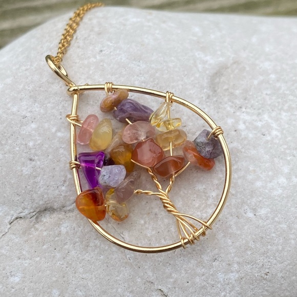 Natural multi stone tree of life wire wrapped necklace stainless steel chain - Picture 3 of 7